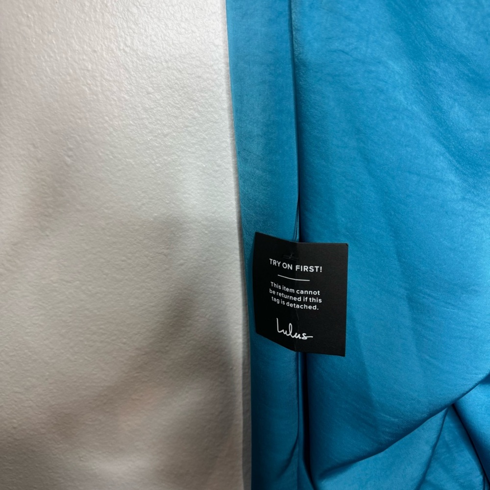 Lulu's Remarkable Style Blue Satin Twist-Back‎ Cutout Wide-Leg Jumpsuit - Picture 6 of 10